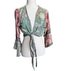 Bigg Bull Silk Paisley Tie Front Festival Top Bell Sleeve Boho Size Medium